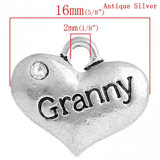 亜鉛合金 ファミリージュエリー チャーム ハート 銀古美 文字 " Granny " 透明ラインストーン 16mm x 14mm、 20 個 の画像