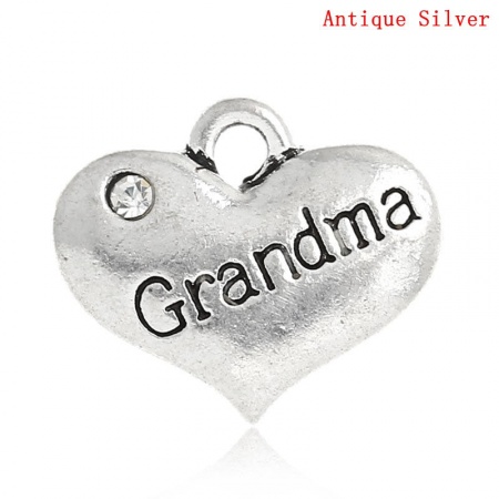 Lega di Zinco Gioielli di Famiglia Charms Cuore Argento Antico Lettere " Grandma " Trasparente Strass 16mm x 14mm , 20 Pz