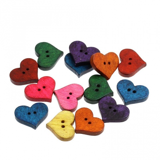 Picture of Wood Sewing Button Scrapbooking Heart At Random Mixed 2 Holes 20mm( 6/8") x 16.5mm( 5/8"), 100 PCs