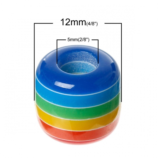 Picture of Resin European Style Large Hole Charm Beads Cylinder At Random Mixed Rainbow Stripe Pattern About 12mm x 11mm, Hole: Approx 6.1mm-5.6mm, 100 PCs