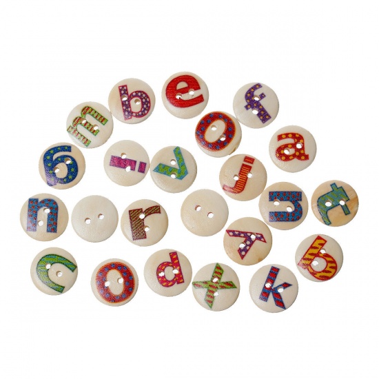 Picture of Wood Sewing Buttons Scrapbooking Round 2 Holes At Random Mixed Alphabet/Letter " A-Z " Pattern 15mm( 5/8") Dia, 200 PCs