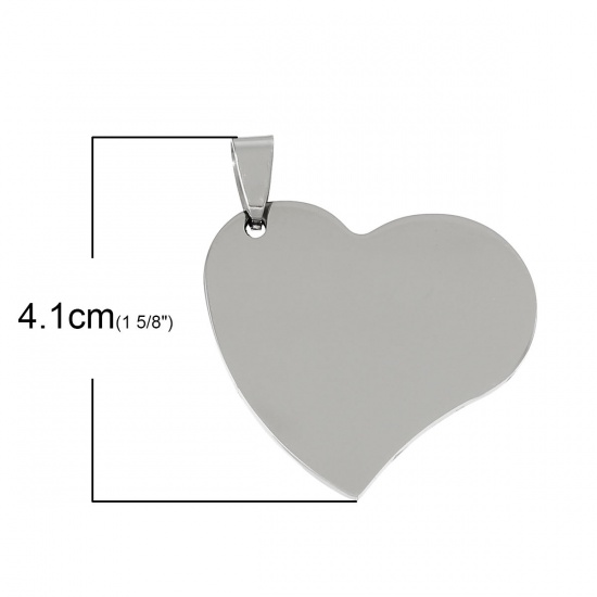 Immagine di 304 Acciaio Inossidabile Etichette di Stampaggio Vuote Ciondoli Cuore Tono Argento Lucidatura Unilaterale 4.1cm x 3.3cm , 5 Pz