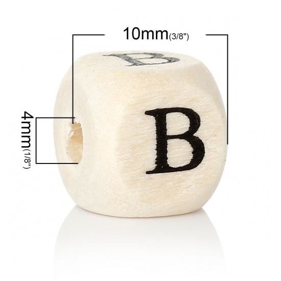 Picture of Wood Spacer Beads Cube Natural Alphabet/ Letter "B" 10mm x 10mm, Hole: Approx: 4mm, 300 PCs