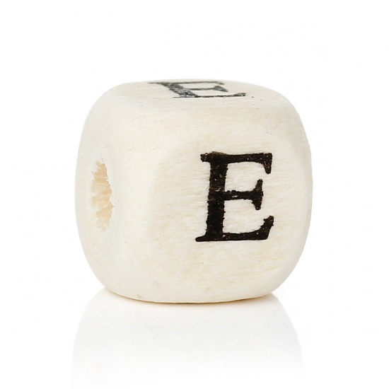 Image de Perle en Bois Carré Couleur Naturelle Alphabet /Lettre "E" 10mm x 10mm, Taille de Trou: 4mm, 300 PCs
