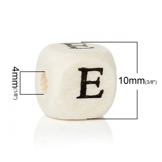 Picture of Wood Spacer Beads Cube Natural Alphabet/ Letter "E" Pattern 10mm x 10mm,Hole:Approx:4mm,300PCs