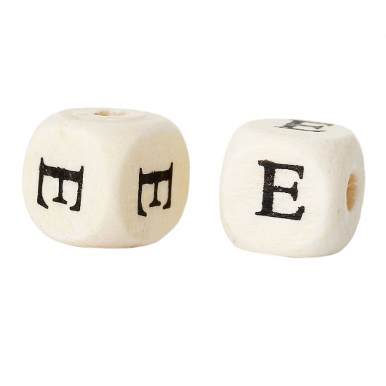 Picture of Wood Spacer Beads Cube Natural Alphabet/ Letter "E" Pattern 10mm x 10mm,Hole:Approx:4mm,300PCs