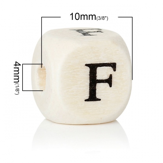 Picture of Wood Spacer Beads Cube Natural Alphabet/ Letter "F" Pattern 10mm x 10mm,Hole:Approx:4mm,300PCs