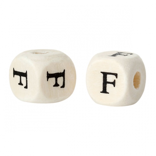 Picture of Wood Spacer Beads Cube Natural Alphabet/ Letter "F" Pattern 10mm x 10mm,Hole:Approx:4mm,300PCs