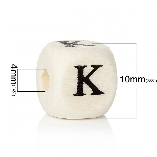 Picture of Wood Spacer Beads Cube Natural Alphabet/ Letter "K" Pattern About 10mm x 10mm,Hole:Approx:4mm,300PCs