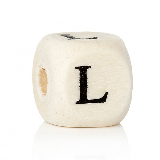 Picture of Wood Spacer Beads Cube Natural Alphabet/ Letter "L" 10mm x 10mm, Hole: Approx: 4mm, 300 PCs