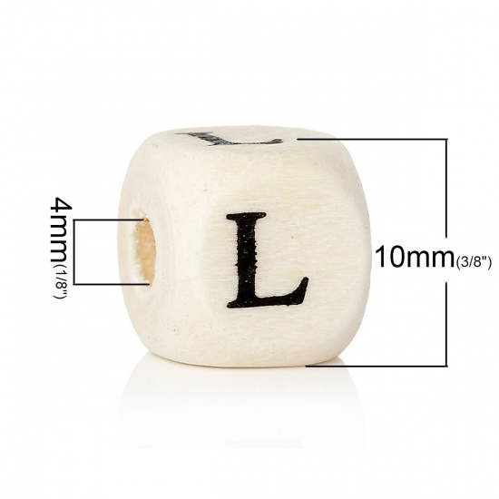 Picture of Wood Spacer Beads Cube Natural Alphabet/ Letter "L" 10mm x 10mm, Hole: Approx: 4mm, 300 PCs