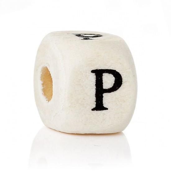 Image de Perle en Bois Carré Couleur Naturelle Alphabet /Lettre "P"10mm x 10mm, Taille de Trou: 4mm, 300 PCs