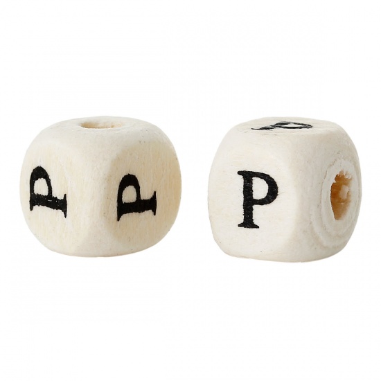 Picture of Wood Spacer Beads Cube Natural Alphabet/ Letter "P" Pattern About 10mm x 10mm,Hole:Approx:4mm,300PCs