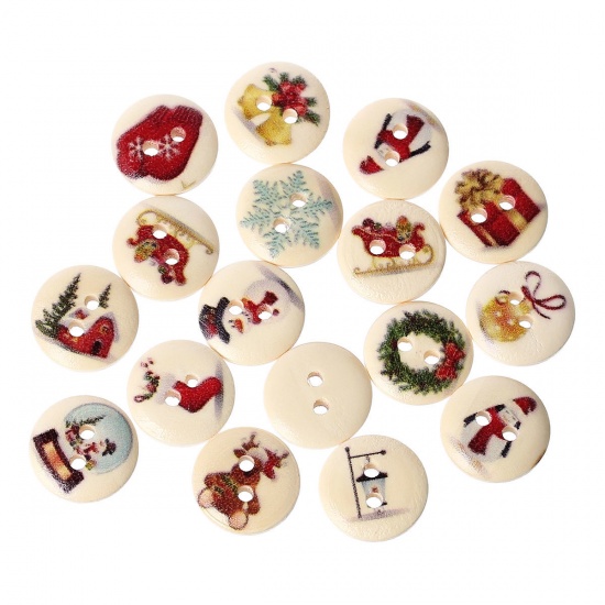 Picture of Wood Sewing Buttons Scrapbooking 2 Holes Round At Random Mixed Christmas Pattern 15mm( 5/8") Dia, 200 PCs