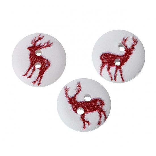 Picture of Wood Sewing Buttons Scrapbooking 2 Holes Round Red At Random Mixed Christmas Reindeer Pattern 15mm( 5/8") Dia, 100 PCs