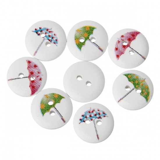 Picture of Wood Sewing Buttons Scrapbooking Round 2 Holes At Random Mixed Umbrella Pattern 15mm( 5/8") Dia, 100 PCs