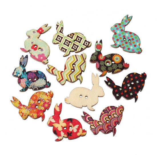 Picture of Wood Easter Sewing Buttons Scrapbooking 2 Holes Rabbit At Random Mixed 30mm(1 1/8") x 30mm(1 1/8"), 50 PCs