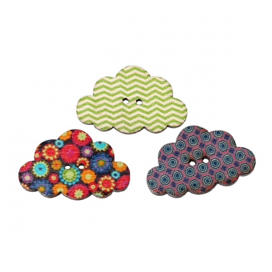 Picture of Wood Sewing Buttons Scrapbooking 2 Holes Cloud At Random Mixed 30mm(1 1/8") x 19mm( 6/8"), 50 PCs