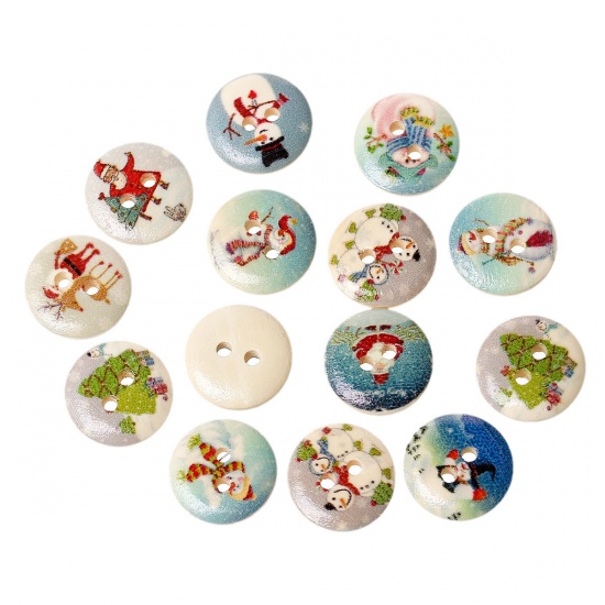 Picture of Wood Sewing Buttons Scrapbooking 2 Holes Round At Random Mixed Christmas Pattern 15mm( 5/8") Dia, 100 PCs