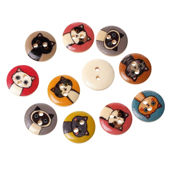 Picture of Wood Sewing Buttons Scrapbooking Round At Random Mixed 2 Holes Cat Pattern 15mm( 5/8") Dia, 100 PCs