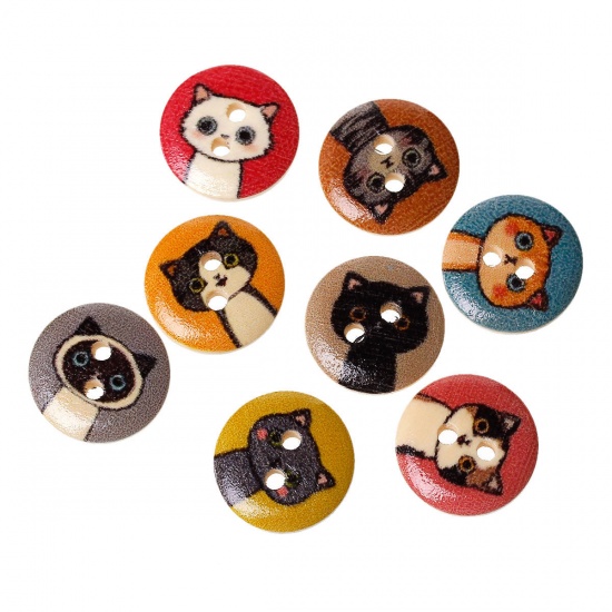 Picture of Wood Sewing Buttons Scrapbooking Round At Random Mixed 2 Holes Cat Pattern 15mm( 5/8") Dia, 100 PCs