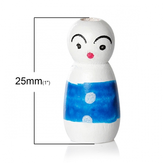 Picture of Wood Spacer Beads Doll Blue About 25.0mm x 12.0mm, Hole: Approx 2.9mm-3.7mm, 30 PCs