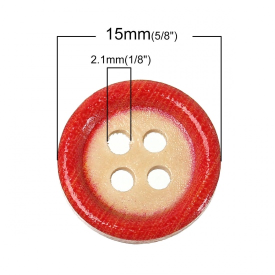 ウッド ボタン 円形  ランダムな色 4つ穴 15mm 直径、 100 個 の画像