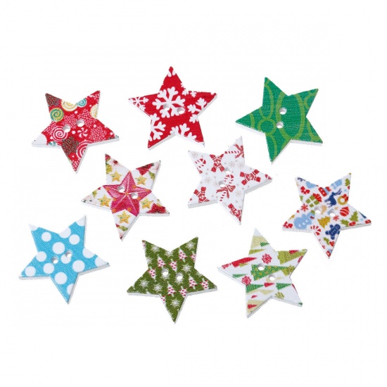 Picture of Wood Sewing Buttons Scrapbooking 2 Holes Star At Random Mixed Christmas Pattern 25mm(1") x 24mm(1"), 50 PCs