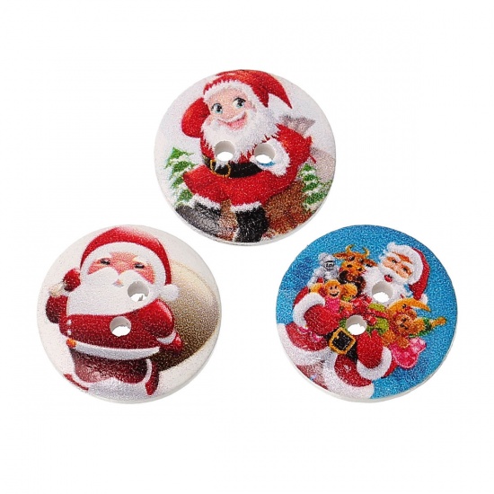 Picture of Natural Wood Sewing Buttons Scrapbooking 2 Holes Round At Random Mixed Christmas Santa Claus Pattern 20mm( 6/8") Dia, 100 PCs