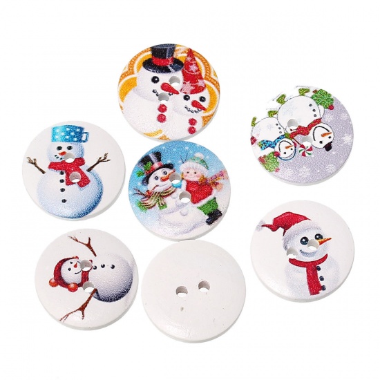 Picture of Wood Sewing Buttons Scrapbooking 2 Holes Round At Random Mixed Christmas Snowman Pattern 20mm( 6/8") Dia, 100 PCs
