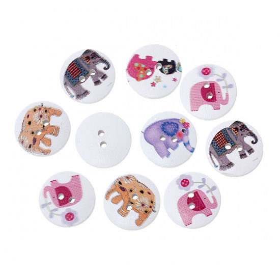 Picture of Wood Sewing Buttons Scrapbooking Round 2 Holes At Random Mixed Elephant Pattern 20mm( 6/8") Dia, 100 PCs