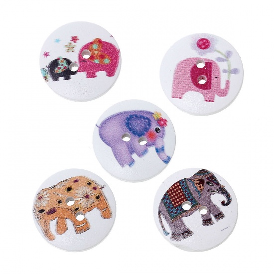Picture of Wood Sewing Buttons Scrapbooking Round 2 Holes At Random Mixed Elephant Pattern 20mm( 6/8") Dia, 100 PCs