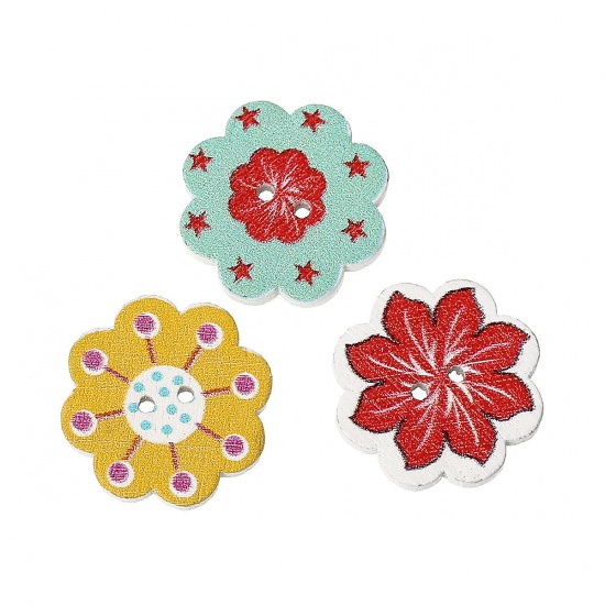 Picture of Natural Wood Sewing Buttons Scrapbooking Flower At Random Mixed 2 Holes 20mm( 6/8") x 19mm( 6/8"), 50 PCs