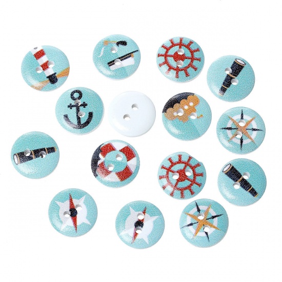 Picture of Wood Sewing Buttons Scrapbooking Round 2 Holes At Random Mixed Pattern 15mm( 5/8") Dia, 100 PCs