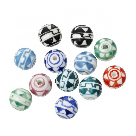 Picture of Ceramics Beads Round At Random Mixed Triangle Pattern About 14mm Dia, Hole: Approx 2.6mm - 3mm, 10 PCs