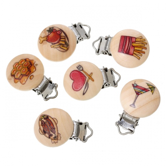 Picture of Wood Baby Pacifier Clip Round At Random Mixed 44mm(1 6/8") x 29mm(1 1/8"), 5 PCs