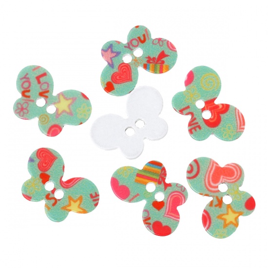 Picture of Acrylic Sewing Buttons Scrapbooking 2 Holes Butterfly Multicolor At Random Mixed Pattern 25mm(1") x 17mm( 5/8"), 20 PCs