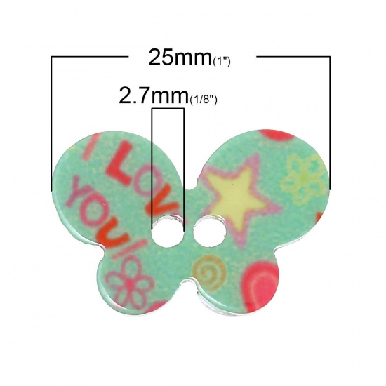 Picture of Acrylic Sewing Buttons Scrapbooking 2 Holes Butterfly Multicolor At Random Mixed Pattern 25mm(1") x 17mm( 5/8"), 20 PCs