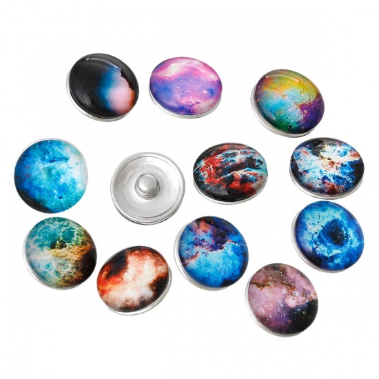 Picture of 18mm Glass Snap Buttons Round Silver Tone At Random Mixed Galaxy Universe Pattern Fit Snap Button Bracelets, Knob Size: 5.5mm( 2/8"), 6 PCs