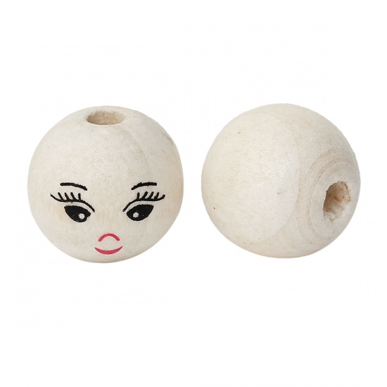 Picture of Wood Spacer Beads Round Natural Smile Face Pattern About 14mm Dia, Hole: Approx 0.18mm, 100 PCs