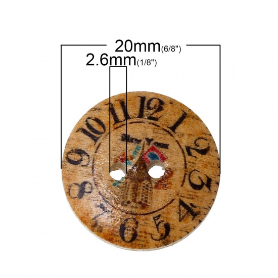 Picture of Natural Wood Sewing Buttons Scrapbooking Round At Random Mixed 2 Holes Clock Pattern 20mm( 6/8") Dia, 100 PCs