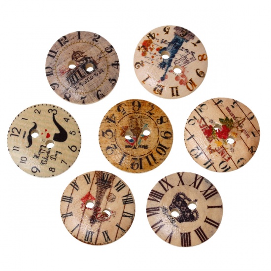 Picture of Natural Wood Sewing Buttons Scrapbooking Round At Random Mixed 2 Holes Clock Pattern 20mm( 6/8") Dia, 100 PCs