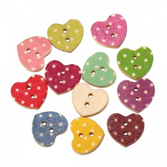 Picture of Natural Wood Sewing Buttons Scrapbooking Heart At Random Mixed 2 Holes Dot Pattern 18mm( 6/8") x 16mm( 5/8"), 100 PCs