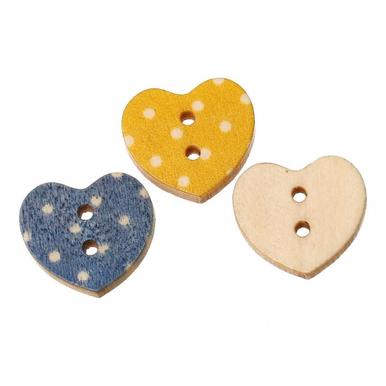 Picture of Natural Wood Sewing Buttons Scrapbooking Heart At Random Mixed 2 Holes Dot Pattern 18mm( 6/8") x 16mm( 5/8"), 100 PCs