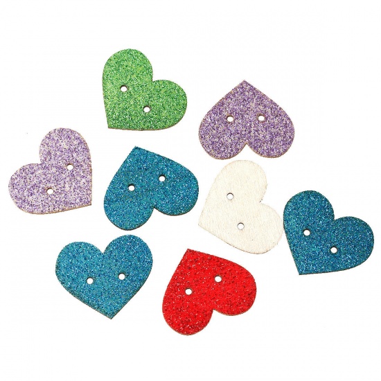 Picture of Wood Sewing Button Scrapbooking Heart At Random Mixed Glitter 2 Holes 30mm(1 1/8") x 25mm(1"), 20 PCs