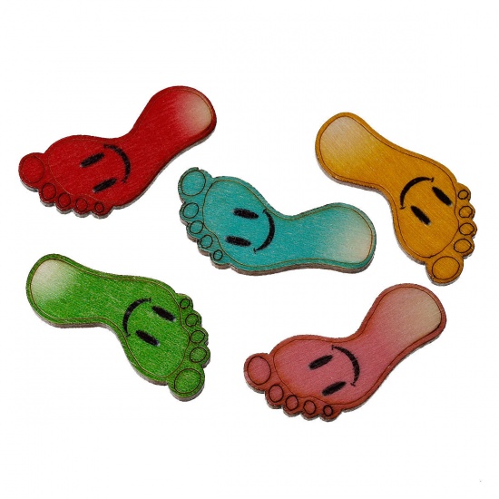 Picture of Natural Wood Embellishments Scrapbooking Feet At Random Mixed Smile Pattern 35mm(1 3/8") x 16mm( 5/8") 50 PCs