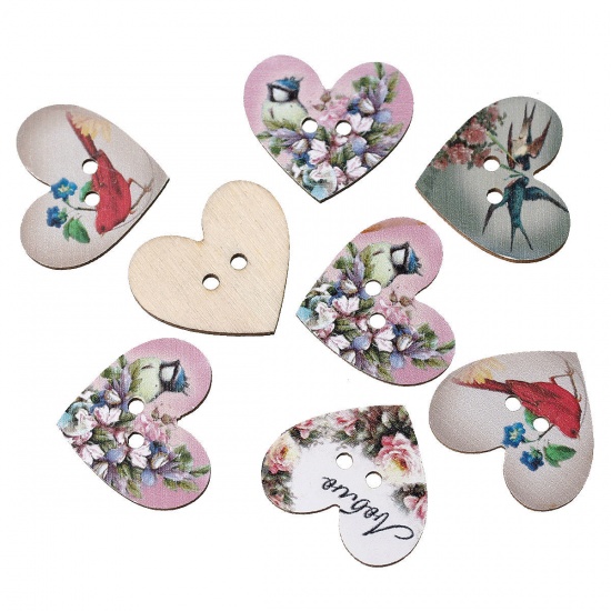 Picture of Wood Sewing Buttons Scrapbooking Heart At Random Mixed 2 Holes Flower Pattern 28mm x 24mm, 50 PCs