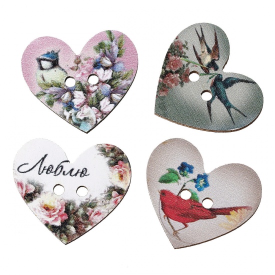 Picture of Wood Sewing Buttons Scrapbooking Heart At Random Mixed 2 Holes Flower Pattern 28mm x 24mm, 50 PCs