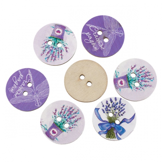 Picture of Natural Wood Sewing Buttons Scrapbooking Round At Random Mixed 2 Holes Lavender Dragonfly Pattern 24mm(1") Dia, 50 PCs