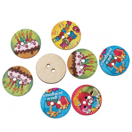 Picture of Natural Wood Sewing Buttons Scrapbooking Round At Random 2 Holes Cake Pattern 24mm(1") Dia, 50 PCs